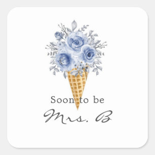 Dusty Blue Peony Ice Cream Cone Bridal Shower Square Sticker