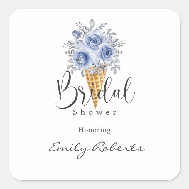 Dusty Blue Peony Ice Cream Cone Bridal Shower Square Sticker (Front)