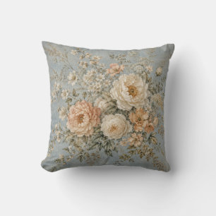Dusty Blue Peony Ivory Blossom French Country Throw Pillow