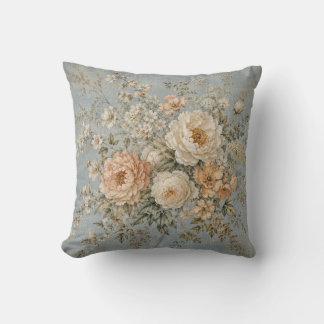 Dusty Blue Peony Ivory Blossom French Country  Throw Pillow