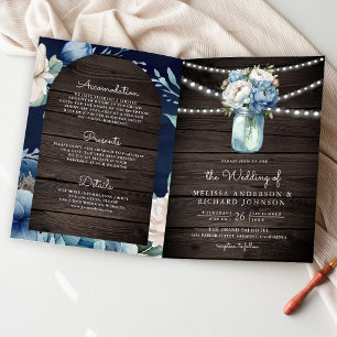 Dusty Blue Peony Mason Jar QR Code Wood Wedding Invitation