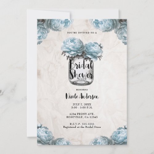 Dusty Blue Peony Mason Jar Rustic Bridal Shower  Invitation