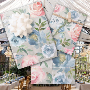 Dusty Blue Peony & Pink Roses Garden Wrapping Paper Sheets