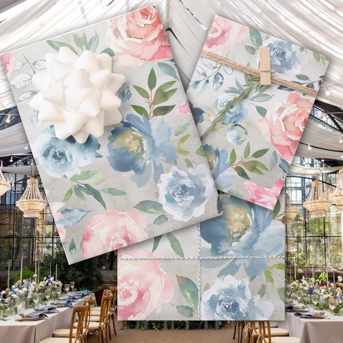 Dusty Blue Peony  Pink Roses Garden Wrapping Paper Sheets
