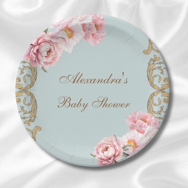 Dusty Blue Peony Rococo Pink Floral Baby Shower Paper Plates (Creator Uploaded)