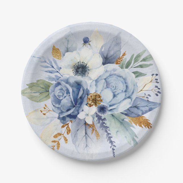 Dusty Blue Peony Rose Botanical Floral Wedding Paper Plates (Front)