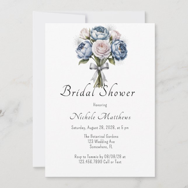 Dusty Blue Peony Rose & Glitter Bridal Shower Invitation (Front)