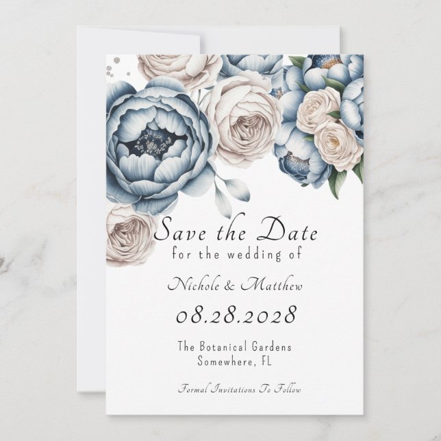 Dusty Blue Peony Rose & Glitter Save the Date  Invitation (Front)