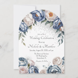 Dusty Blue Peony Rose & Glitter Wedding Invitation
