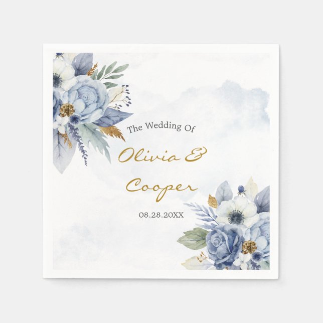 Dusty Blue Peony Roses Botanical Floral Wedding Na Napkins (Front)