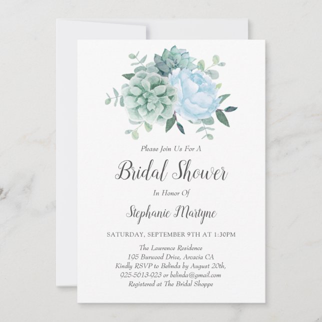 Dusty Blue Peony Succulents Bridal Shower Invitation (Front)