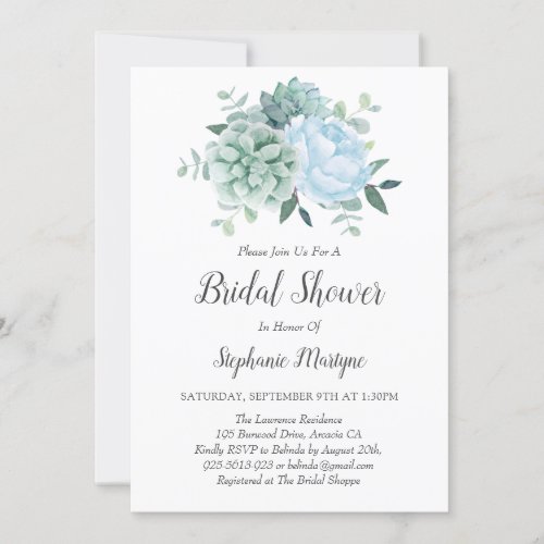 Dusty Blue Peony Succulents Bridal Shower Invitation