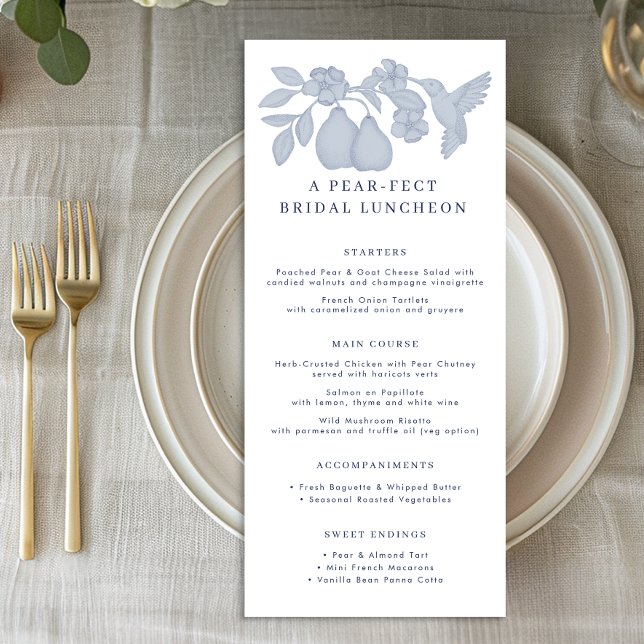 Dusty Blue Perfect Pear Bridal Luncheon Menu Card (Bridal Shower Menu)