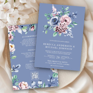 Dusty Blue Periwinkle Pink Floral QR Code Wedding Invitation