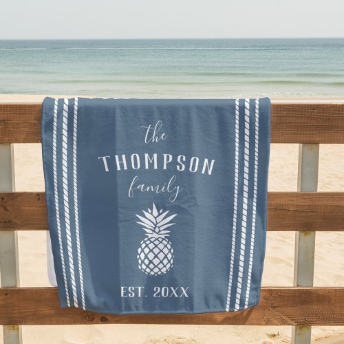 Dusty Blue Personalized Family Name Pineapple Beach Towel