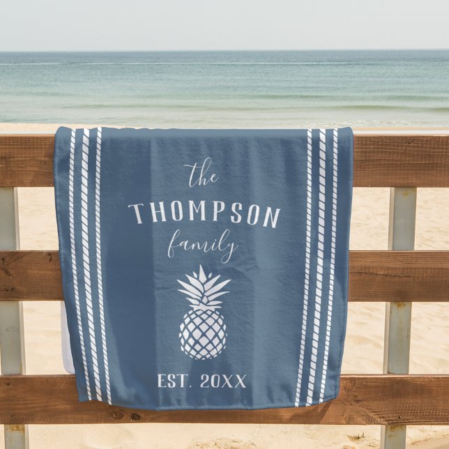 Dusty Blue Personalized Family Name Pineapple Beach Towel (Creator Uploaded)