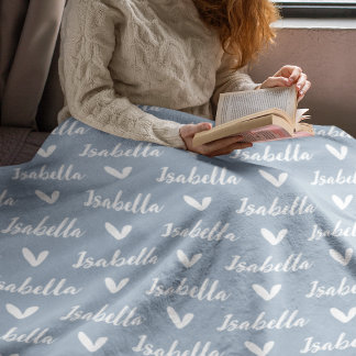 Dusty Blue Personalized Name Blanket with Hearts