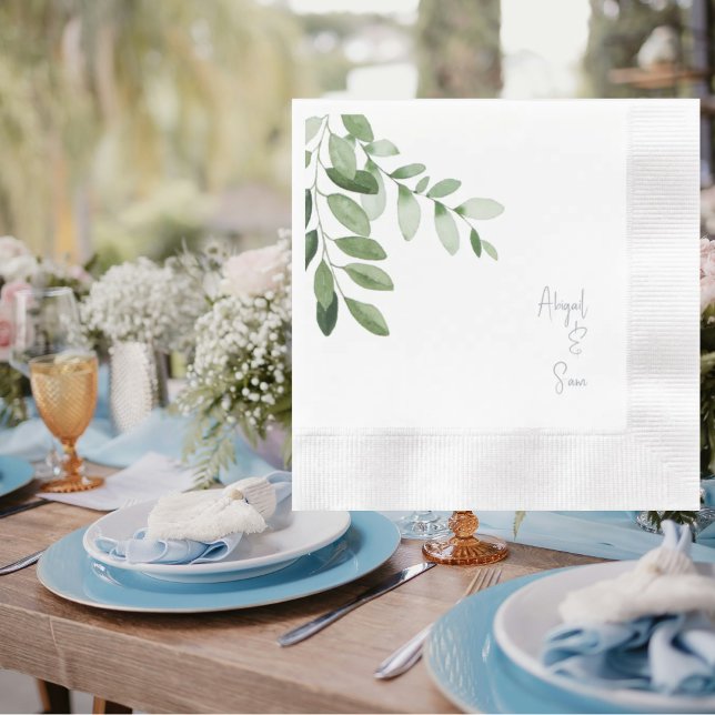 Dusty Blue Personalized Names White Wedding  Napkins (Creator Uploaded)