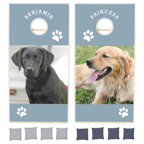 Dusty Blue Personalized Pet Photo with Dogs Cornhole Set