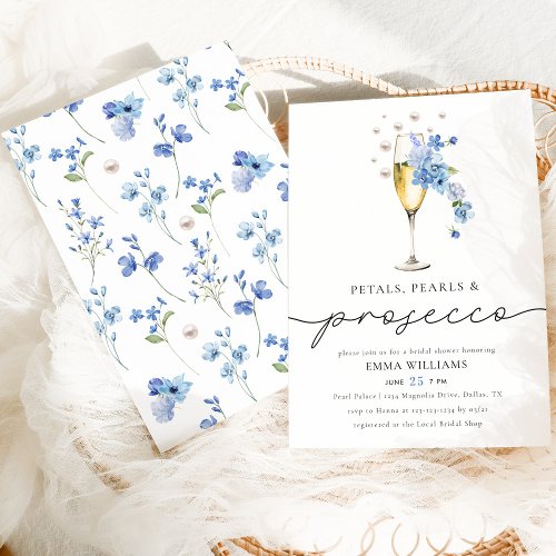 Dusty Blue Petals Pearls  Prosecco Bridal Shower Invitation