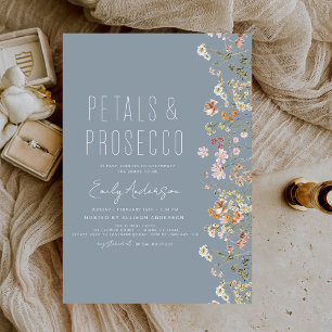 Dusty Blue Petals & Prosecco Bridal Shower Invitation