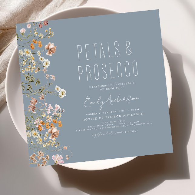 Dusty Blue Petals & Prosecco Bridal Shower Invitation (Creator Uploaded)
