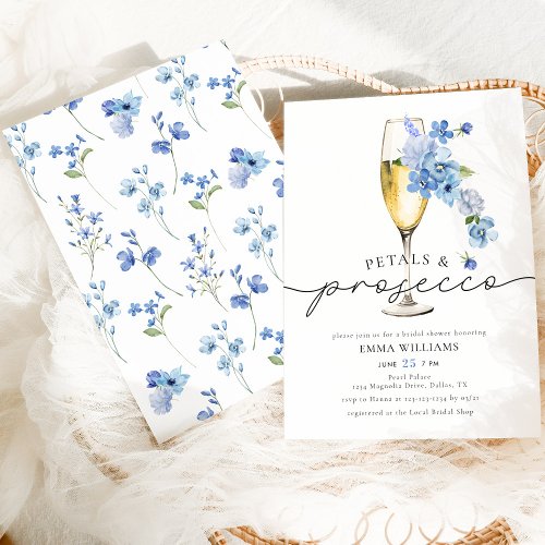 Dusty Blue Petals  Prosecco Bridal Shower Invitation