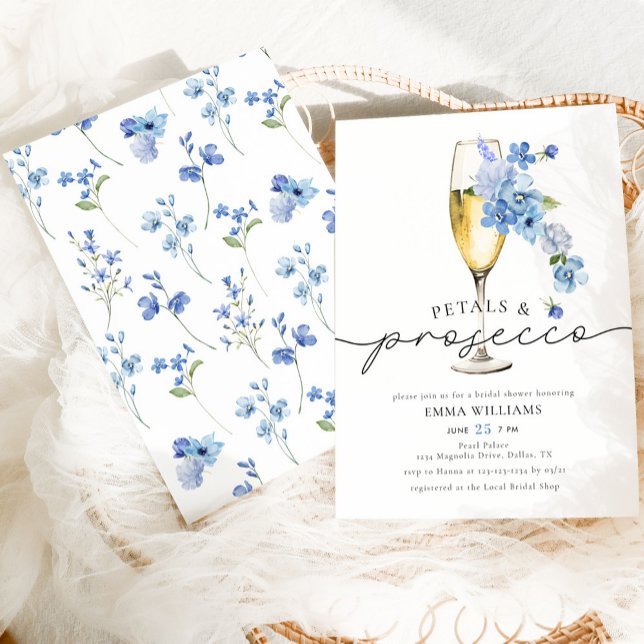Dusty Blue Petals & Prosecco Bridal Shower Invitation (Creator Uploaded)