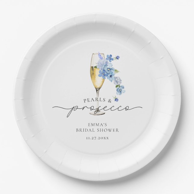 Dusty Blue Petals & Prosecco Bridal Shower Paper Plates (Front)