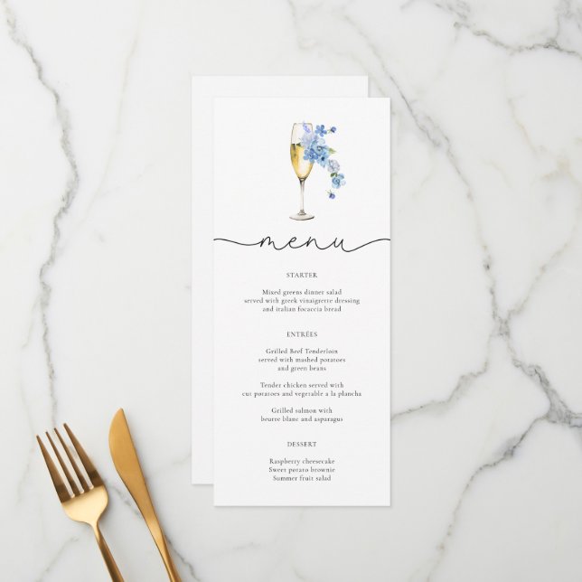 Dusty Blue Petals & Prosecco Wildflower Menu Cards (Front/Back In Situ)