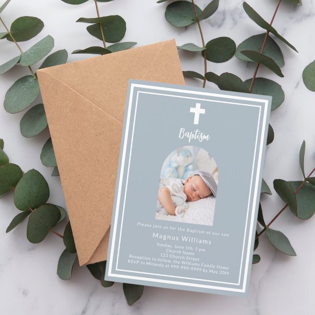 Dusty blue photo arch Baptism Invitation (Creator Uploaded)