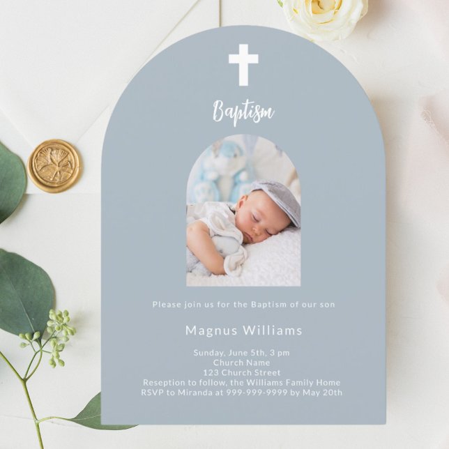 Dusty blue photo arch Baptism Invitation (Creator Uploaded)