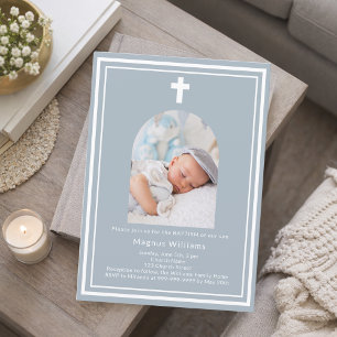 Dusty blue photo arch boy Baptism Invitation