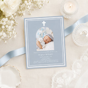 Dusty blue photo arch boy Baptism invitation