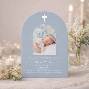 Dusty blue photo arch boy Baptism Invitation
