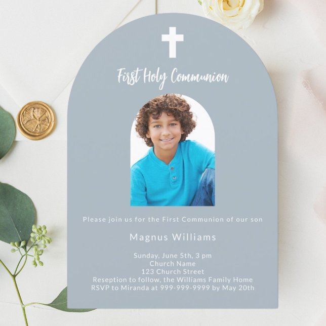 Dusty blue photo arch boy First Holy Communion Invitation (Creator Uploaded)