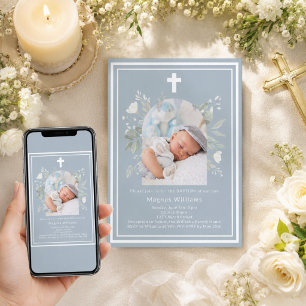 Dusty blue photo arch boy florals Baptism Invitation