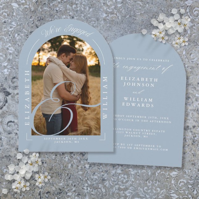 Dusty Blue Photo Arch Calligraphy Engagement Party Invitation (Dusty Blue Photo Arch Calligraphy Engagement Party Invitation)