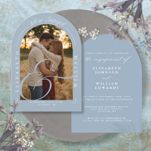 Dusty Blue Photo Arch Calligraphy Engagement Party Invitation