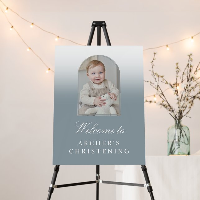 Dusty Blue Photo Arch Christening Welcome Sign (In Situ (Stand))