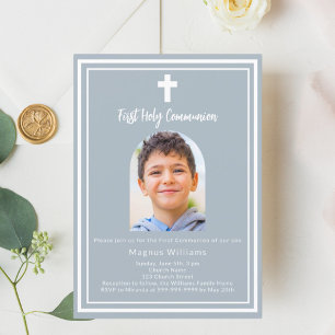 Dusty blue photo arch First Holy Communion Invitation