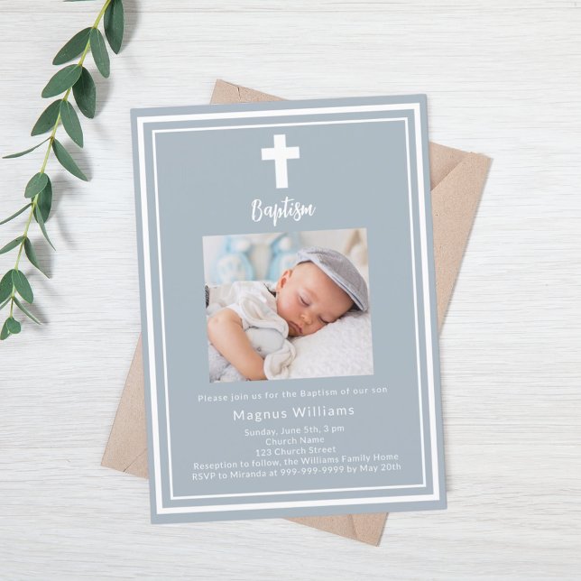 Dusty blue photo boy Baptism invitation (Creator Uploaded)