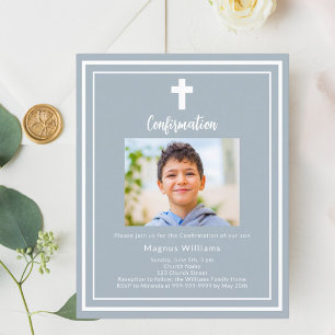 Dusty blue photo boy Confirmation invitation