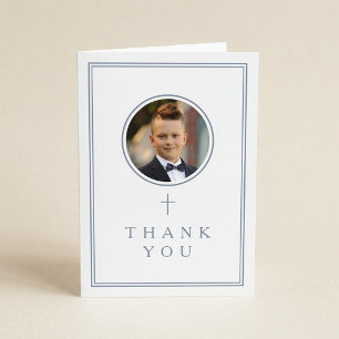 Dusty Blue Photo Boy First Communion Letterpress Thank You Card