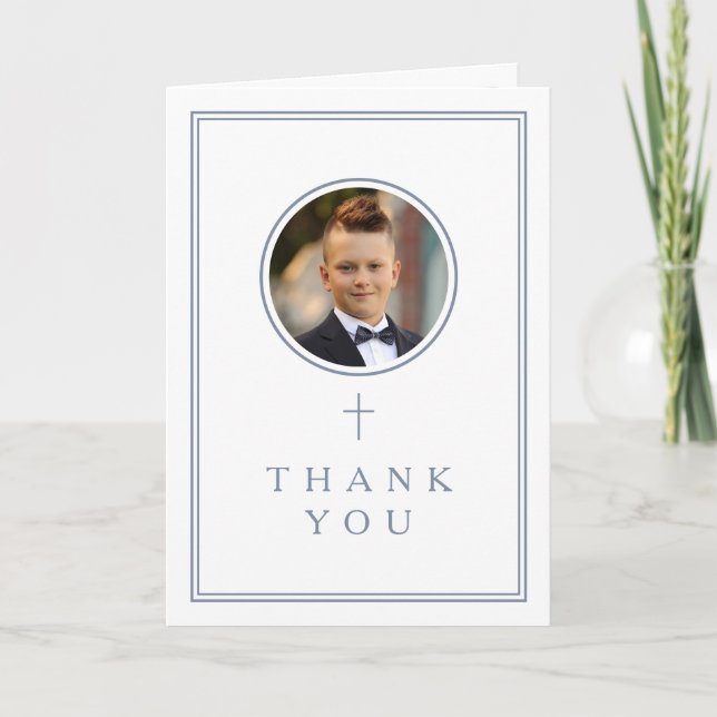 Dusty Blue Photo Boy First Communion Thank You Card (Front)