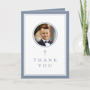 Dusty Blue Photo Boy First Communion Thank You Card