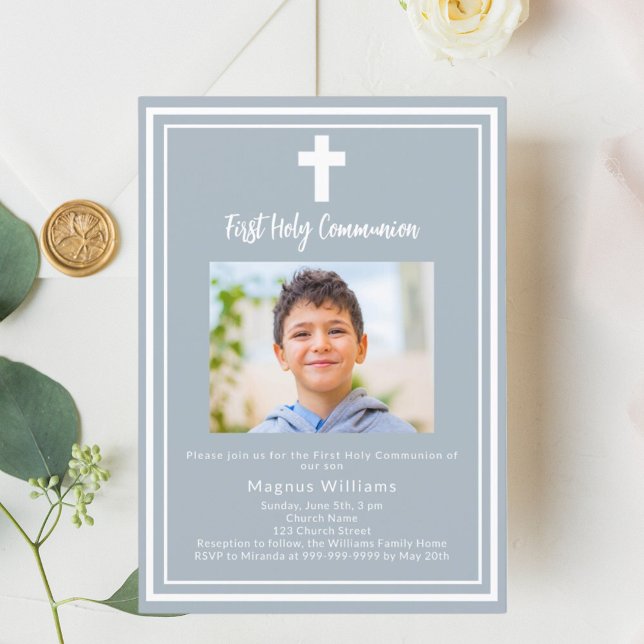 Dusty blue photo boy First Holy Communion Invitation (Creator Uploaded)