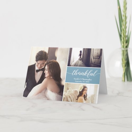 Dusty blue Photo Collage Wedding Thank you Card