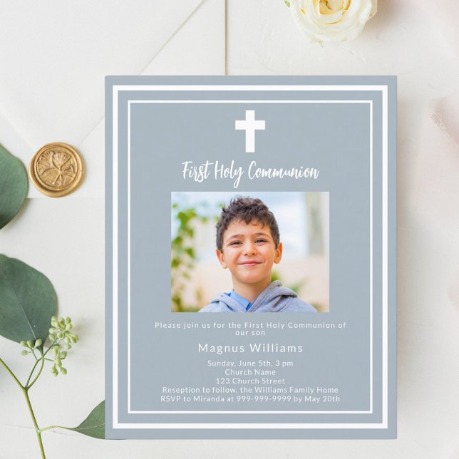 Dusty blue photo First Holy Communion invitation (Creator Uploaded)