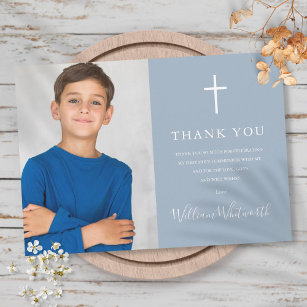 Dusty Blue Photo First Holy Communion Thank You Card
